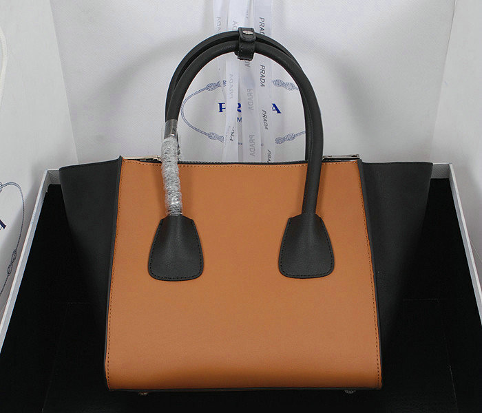 2014 Prada original leather tote bag BN2625 wheat&black - Click Image to Close